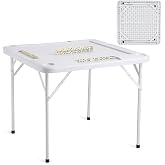 VEVOR Mahjong Table, Square 4 Player Folding Card Table with 4 Cup Holders &amp; 4 Chip Trays, Portable Domino Game Table with 1 Set of Dominoes for Mahjong Poker Puzzles, 35.4 x 35.4-inch, White