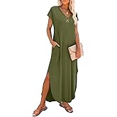 RUMIA Summer Casual Maxi Dresses for Women- Women's V Neck Cap Sleeve Long Sundress with Pockets Beach Vacation