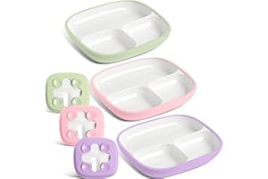 Domensi 3 Sets Kids Porcelain Plates with Silicone Sleeves 8.2 Inch Divided Porcelain Plate Toddler White Suction Dishes for Baby Troubleless Eating Microwave Dishwasher Safe (Classic)