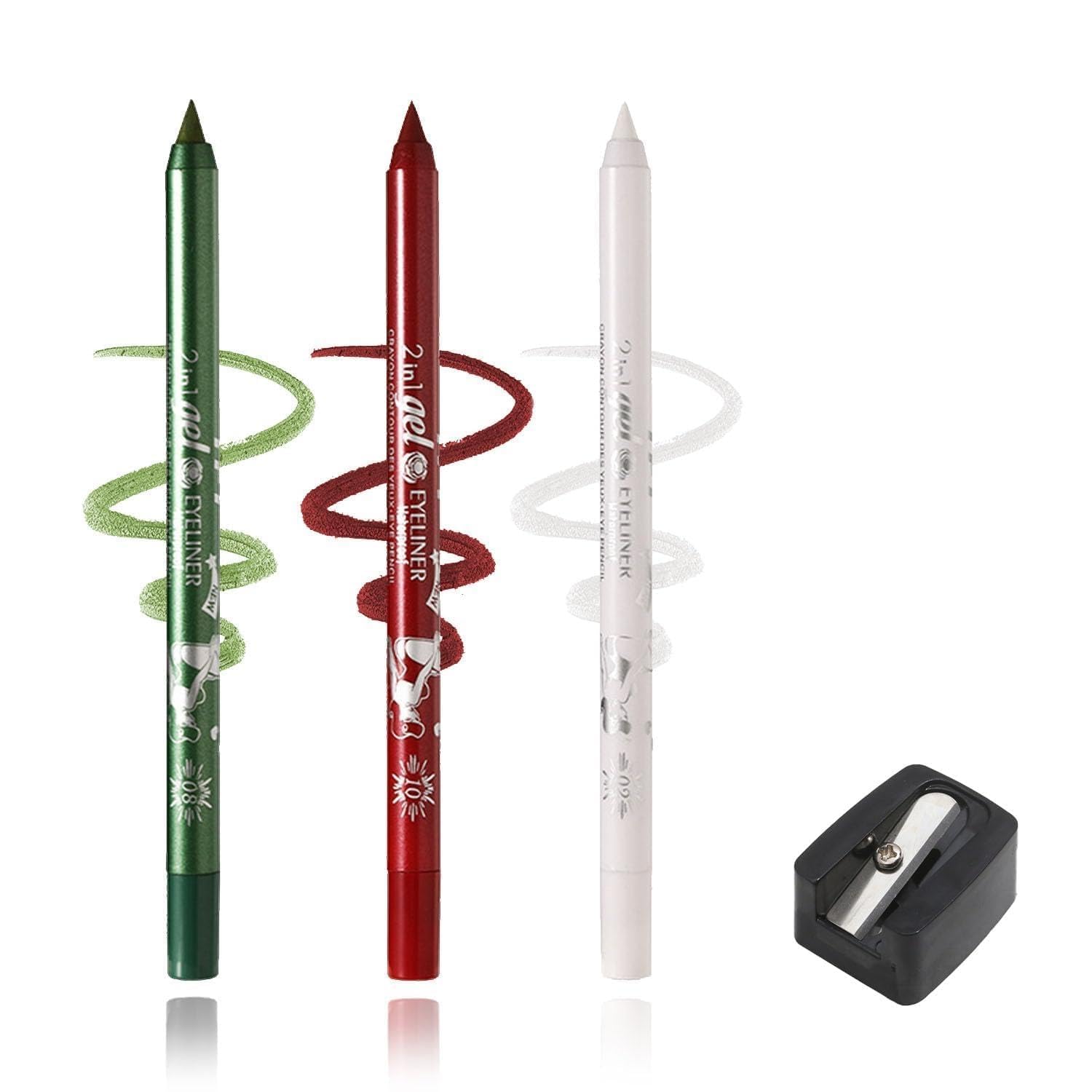 Three-in-One Gel Eyeliner Pencil Set with Sharpener for Waterline & Precise Winged Lines - Waterproof, Smudge-Resistant & Long-Lasting Eye Makeup in Vibrant Green, Deep Red & Bright White