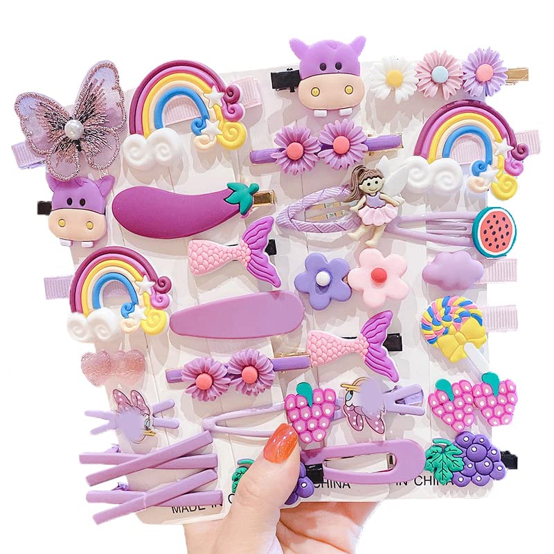 28 Pieces Cute Hair Clips Fashion Hair Accessories for Girls Flowers Fruits Colorful Rainbow Candy Dessert Cute Animal Hair Clips Set Non-Slip Metal Snaps(Purple)