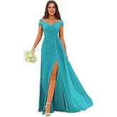 Clothfun Women's Off The Shoulder Pleated Bridesmaid Dress Long Chiffon Formal Dresses with Slit CYN011