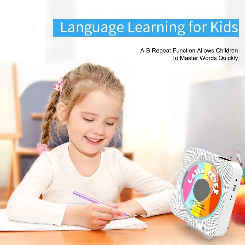 Bluetooth Portable Home CD Music Player with Remote Control, Timer, Built-in Speakers and LED Display - FM Radio Boombox (White)