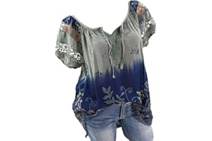 ATTINE Summer Basic Tops for Womens, Women Tie-Dye Lace T-Shirts Short Sleeve Pullover Boat Neck Plus Size Dressy T-Shirts