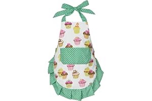 Claswcalor 100% Cotton Kids Cooking Apron for Girls, Cute Cupcake Aprons with Pockets, Adjustable Toddler Kitchen Apron for Children Daughters Little Girls