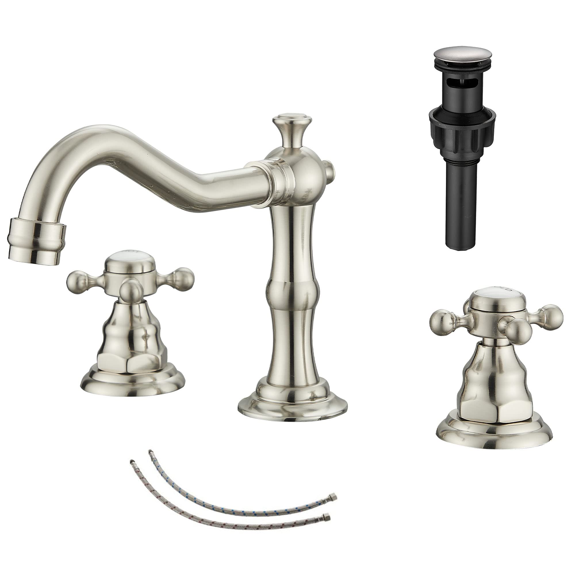 Photo 1 of GGStudy 2 Handles 3 Holes Faucet Widespread Bathroom Sink Faucet Brushed Nickel Basin Tap Mixer Faucet Matching Pop Up Drain