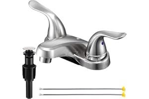 KPWATER Bathroom Sink Faucets 2/3 Hole,Brushed Nickel Dual Handles 4 inch Plastic Plating Over Bathroom Faucet with Pop-up Drain and 2 Supply Hoses for Apartment Rvs Sink Vanity