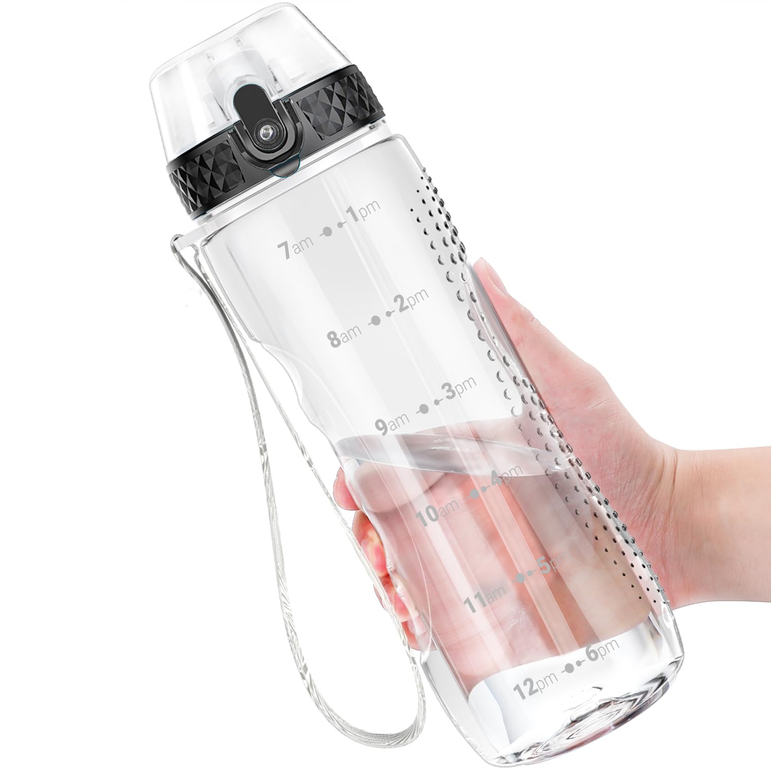 OLDLEY 750ml/25oz Water Bottles with Straw Leakproof Kids Water Bottles for School Plastic Tritan Drink Bottles Hydrate Sports Bottles BPA Free Time Markings Gym Bottles for Women Men(Transparent)