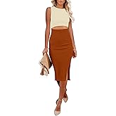 AUSELILY Womens Summer Bodycon Dresses Crew Neck Cutout Midi Dress Casual Slit Sleeveless Ribbed Knit Pencil Dress