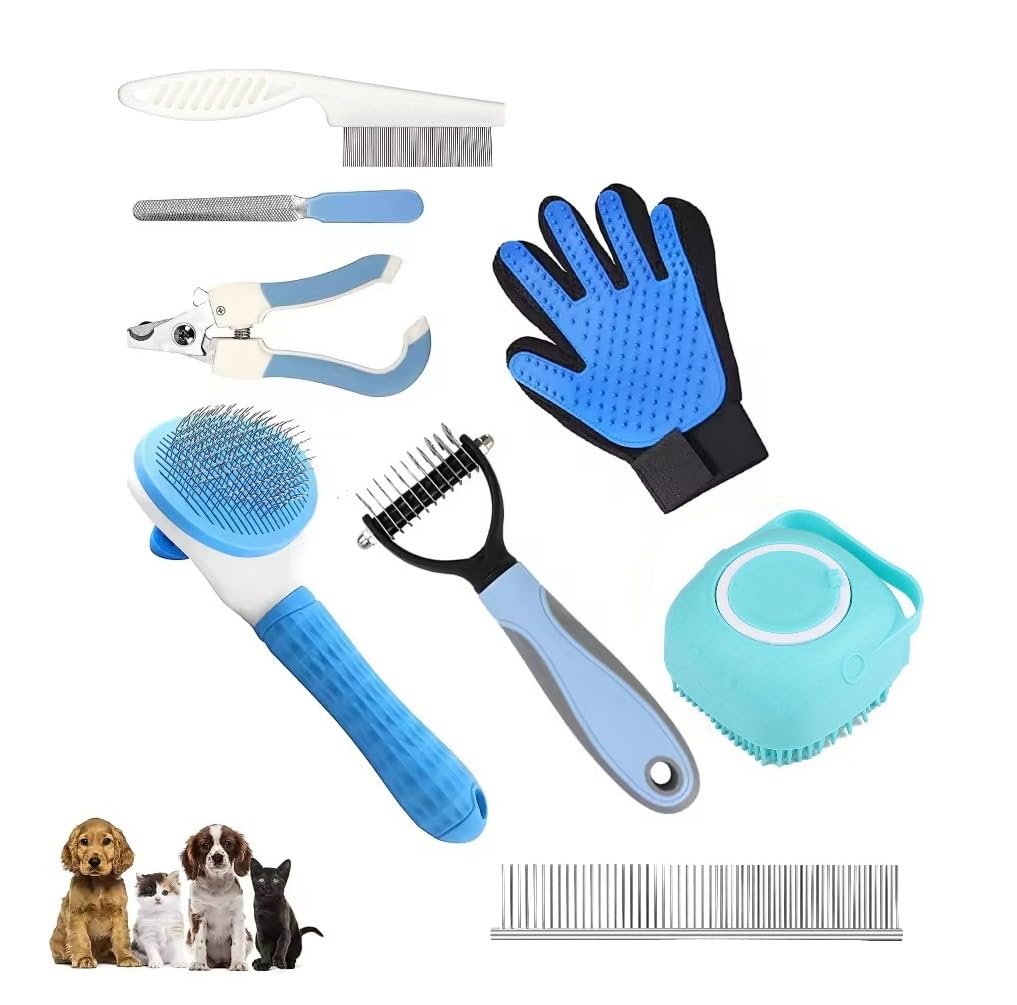 8 in 1 Dogs & Cats Grooming Kit, Self-Cleaning Slicker Brush, Shedding Brush for Short & Long Haired Pets. Includes Comb, Flea Comb, Bath Brush, Scrub, Undercoat Rake, Nail Clippers