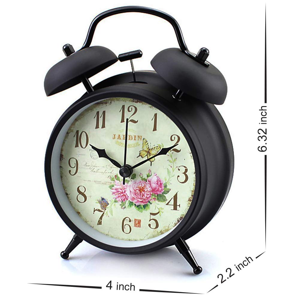 Königswerk Twin Bell Loud Alarm Clock, 4 inches Silent Desk Clock with Backlight for Heavy Sleepers Adults, Battery Operated for Table, Bedroom, Bedside, Room Decor (Roses)