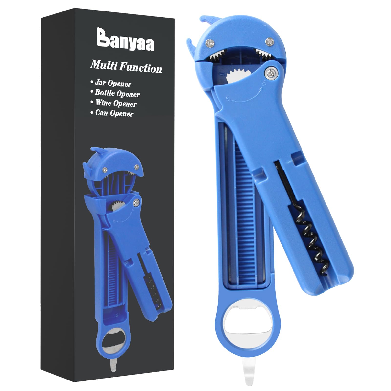 Photo 1 of Banyaa 7 in 1 Jar Opener Bottle Opener and Wine Opener for Seniors with Arthritis, Weak Hands, Multi Retractable Magnetic Can Opener, Original Kitchen Lid Opener Tool (Blue)