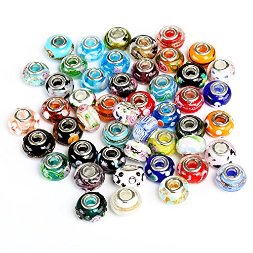 Naler 50PCS Spray Painted Glass European Beads with Silver Brass Cores Large Hole Beads, Mixed Color - Thumbnail 6