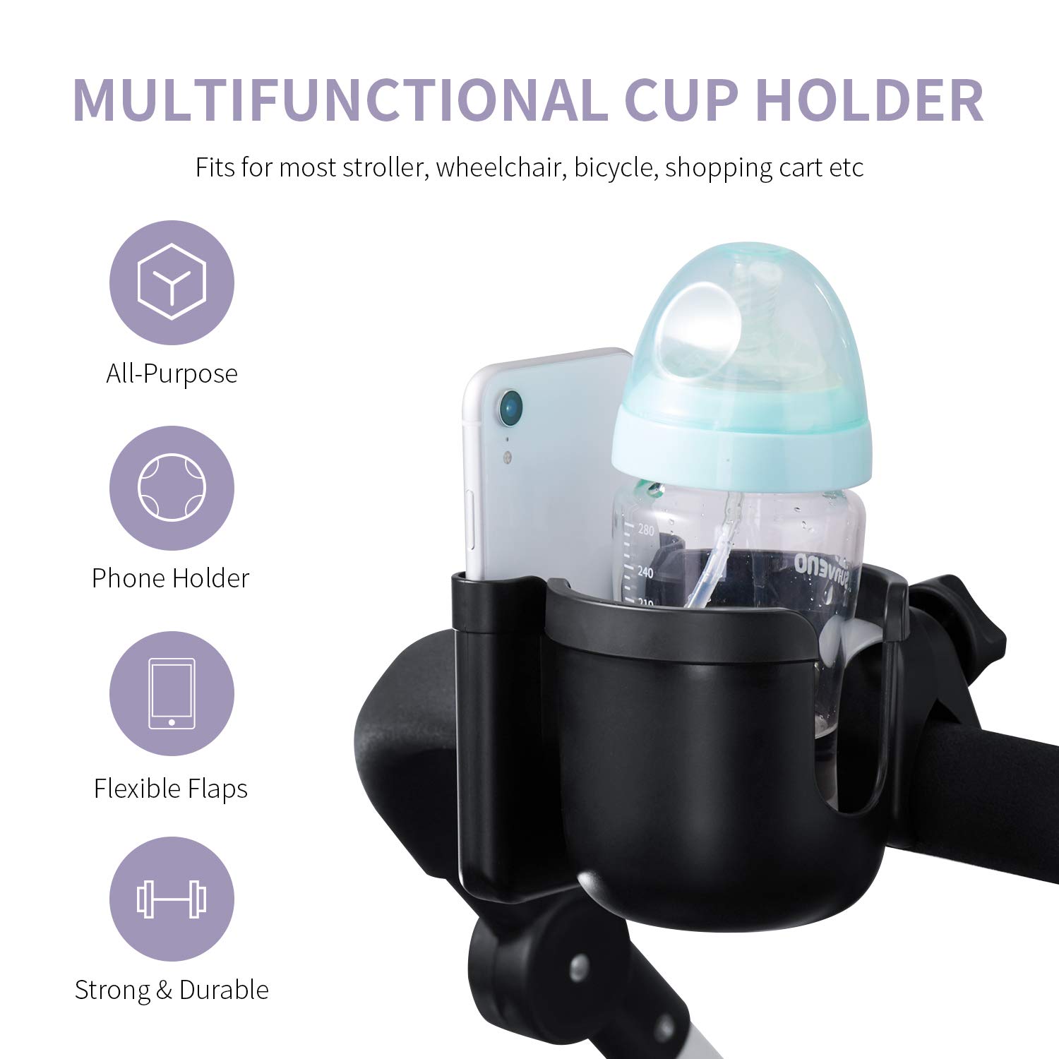 SUNVENO Stroller Universal Cup Holder, 360 Degrees Rotation 2 in 1 Large Bottle Holder with Phone Holder for Stroller, Pushchair,Wheelchair, Walker, Black: Baby