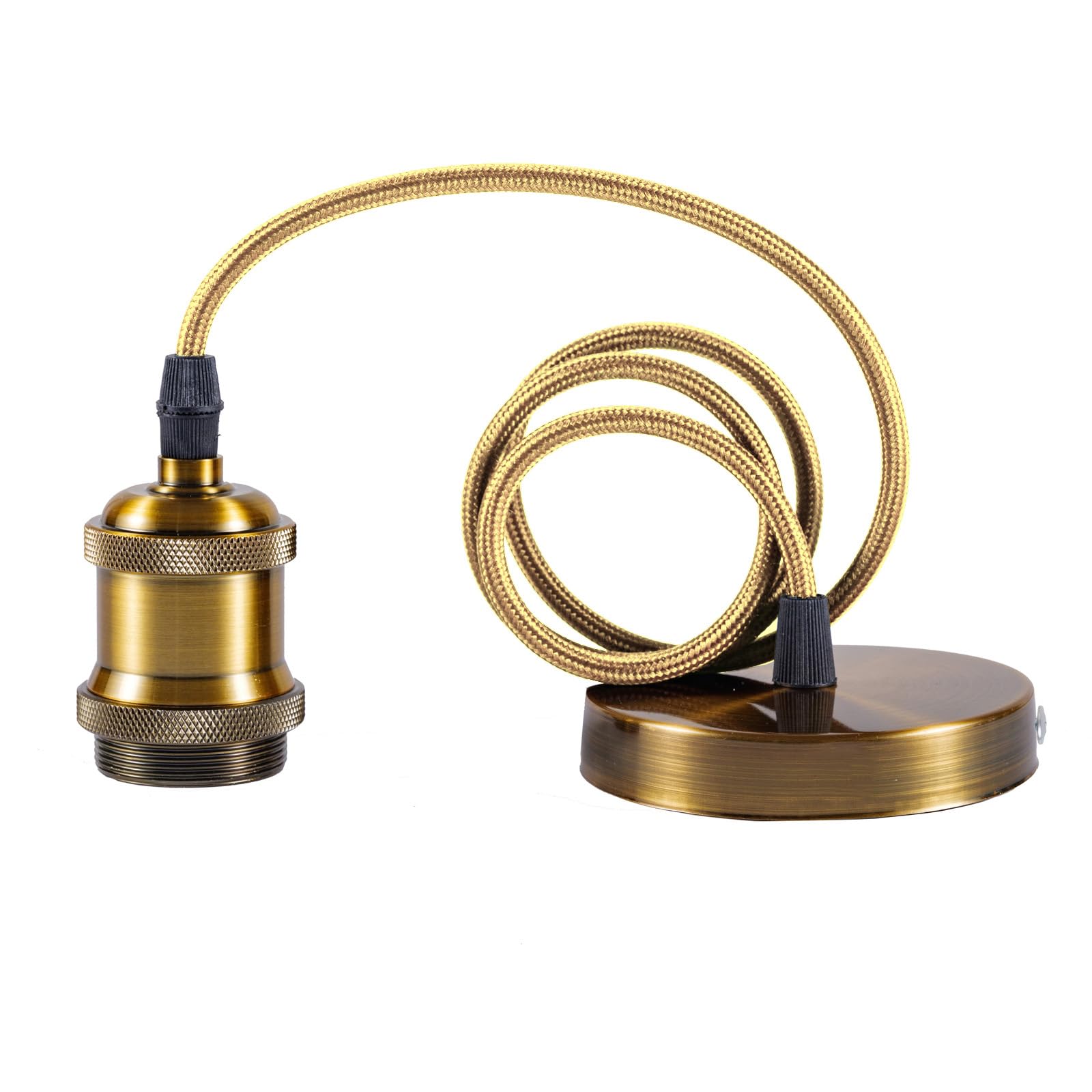 Sevenpers Light Fittings Ceilings, E27 Vintage Bright Brass Pendant Light Fitting Lamp Holder with Ground Wire and 90cm Braided Cable