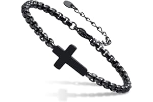 HISATAN Cross Chain Bracelets for Men Women, Silver/Black Stainless Steel Cross Charms Men's Bracelet, Faith Religious Easter Catholic Christian God Jesus Communion Baptism Jewelry Gift Mens Link Bracelet