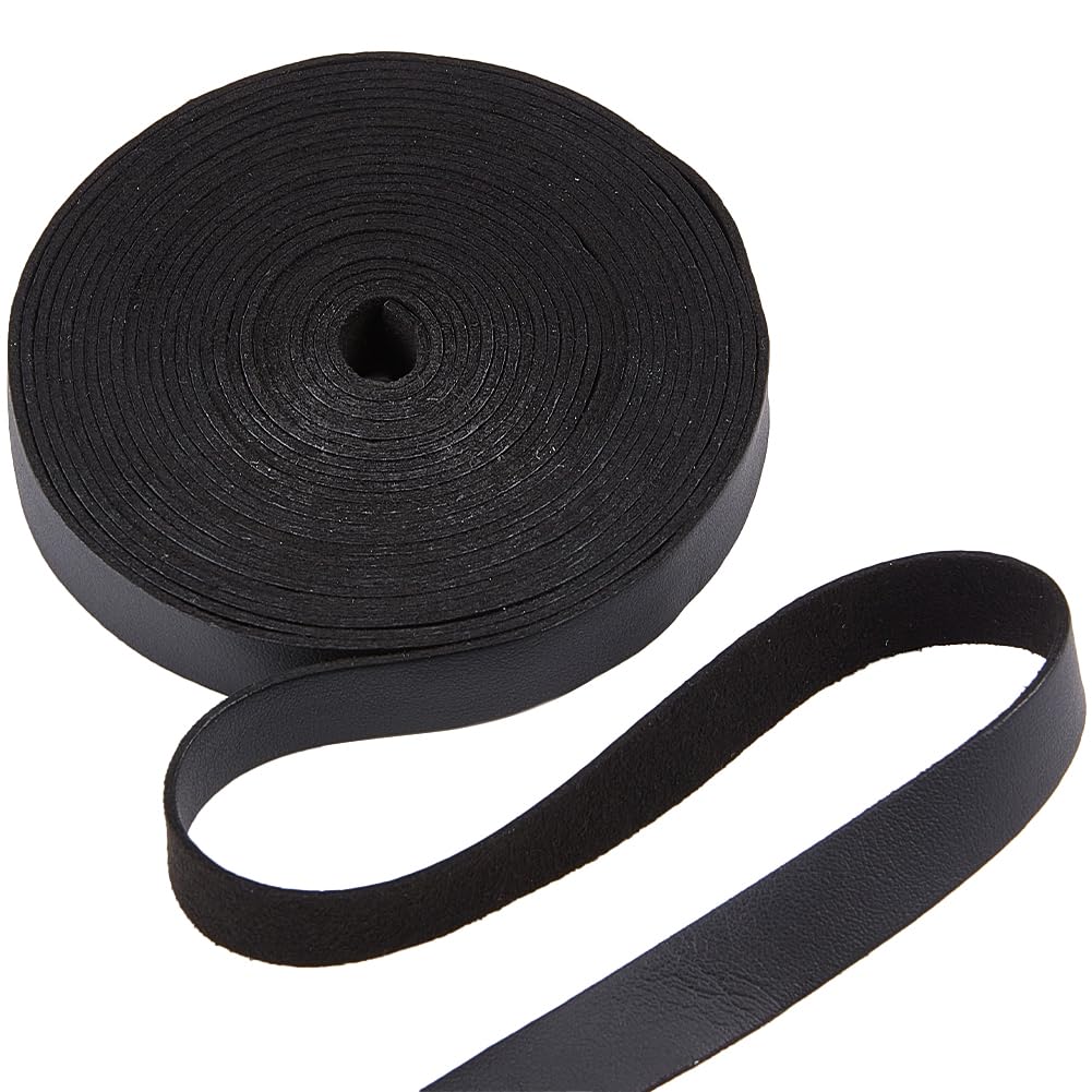 GORGECRAFT 15mm Wide Flat Leather Cord 5M Long Leather Strips 1.6mm Thick Black Lychee Grain Imitation Leather Strap Strings for DIY Crafts Pet Collars Belt Jewelry Handles Making Tooling Workshop