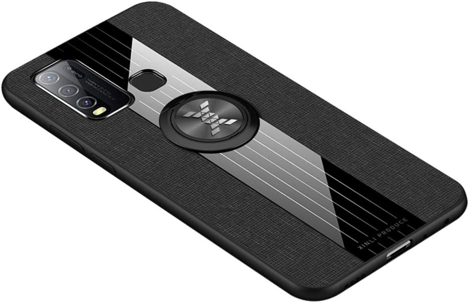 for Vivo Y17 Case Acrylic Back Case Cloth Shockproof Magnetic Car Mount Ring Grip Protective Cover - Black