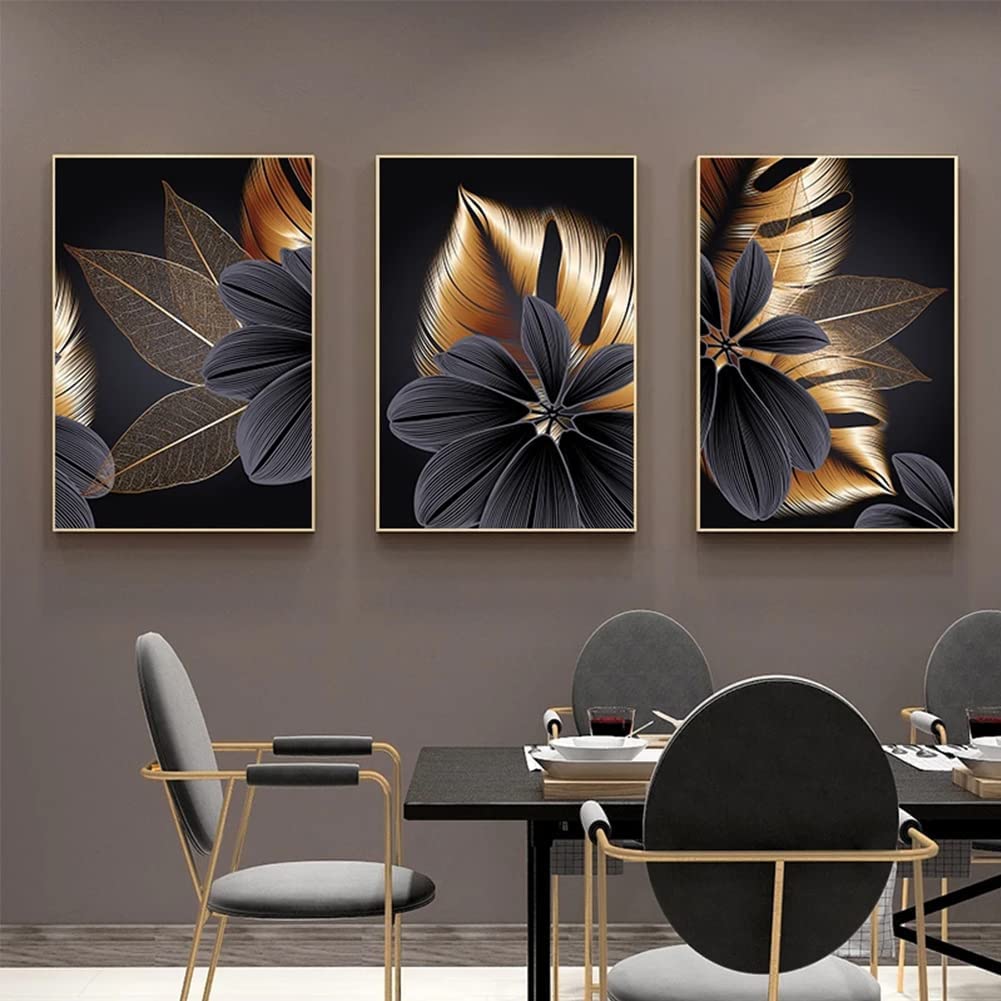 ConBlom Set of 3 Canvas Wall Art Painting - Modern Abstract Black Golden Leaf Plant Nordic Decorative Artwork for Bedroom Kitchen Living Room Home Decor (30 x 40cm) (frame is not included).