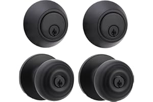 Amazon Basics Exterior Door Knob With Lock and Deadbolt, Classic, 4 count, Set of 2, Matte Black, 3.35"L x 2.56"W