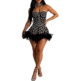 Womens Sexy Sleevless Halter Chain Feather Rhinestone Mesh Bodycon Party Clubwear Dress