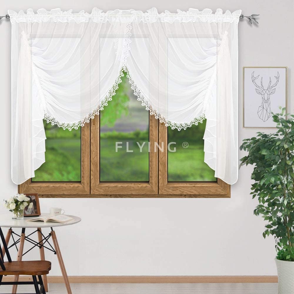 FKL DESIGN Curtain, Window Curtains, Kitchen Curtains, Modern Voile with Gipure, Pleated Tape, Ruffle Tape, Short Long, Modern White, 250 x 400 cm