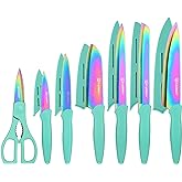 KATISUN Kitchen Knife Set with Guards, 13 Piece Rainbow Titanium Coated Stainless Steel Boxed Knives Set, Anti-Rust and Dishwasher Safe, 6 Knives with 6 Blade Covers and Kitchen Shears