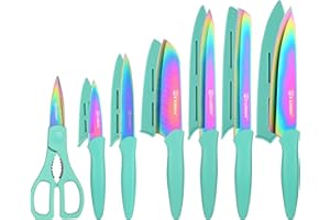 Kitchen Knife Set with Guards, 13 Piece Rainbow Titanium Coated Stainless Steel Boxed Knives Set, Anti-Rust and Dishwasher Sa