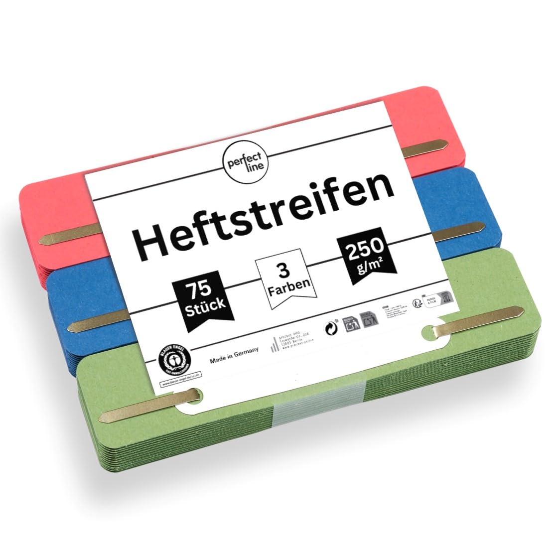 perfect line • 75 Stapling Strips Cardboard, Recycled Cardboard, 250 g/m², Made in Germany (Red, Green, Blue) — image 1