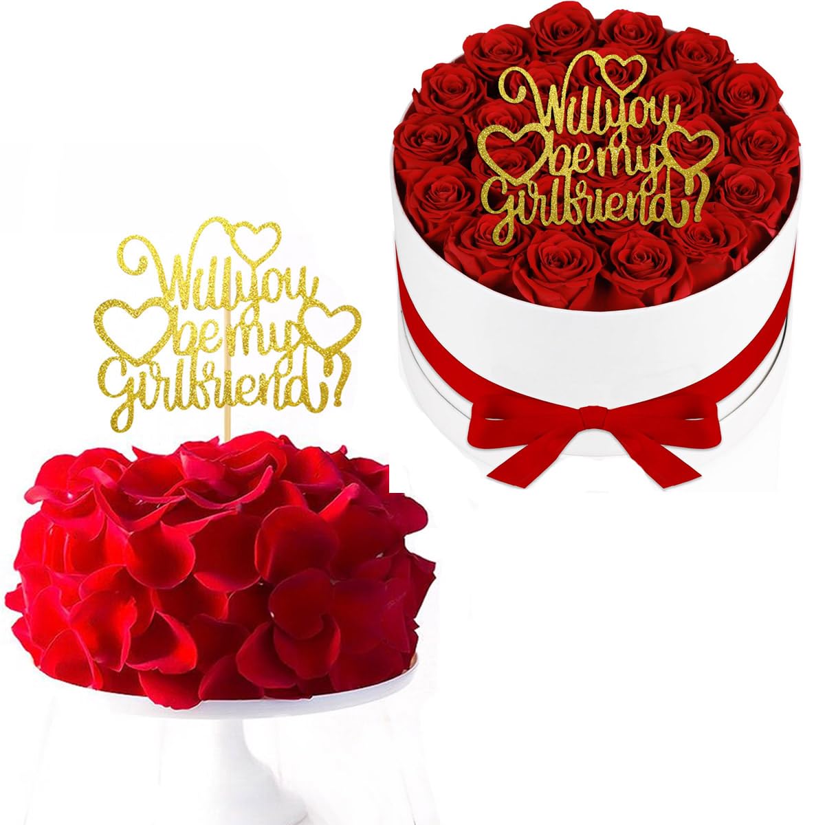 Photo 1 of Will You Be My Girlfriend Cake Topper,Glitter Love Heart Valentine's Day Cake Pick for Valentine's Day Theme Wedding Bridal Shower Birthday Party Flower Bouquet Accessories,Gold