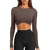 LASLULU Womens Sexy Double Lined Long Sleeve Shirts Crewneck Workout Tops Athletic Yoga Shirts Going Out Crop Tops