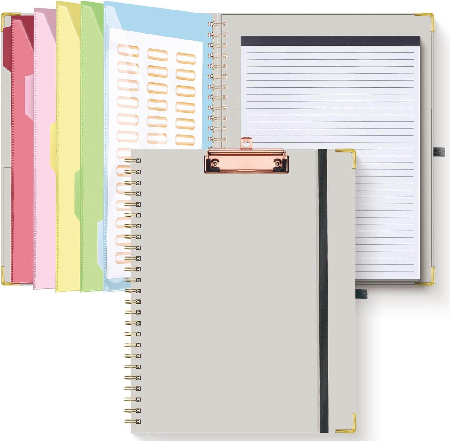 HAUTOCO Clipboard Folder with Replaceable Lined Notepad, Spiral Clipboard Folio A4 with 5 Folder Dividers Document Storage Pockets, Padfolio Organiser Folio Clip Board for Office School, Gray