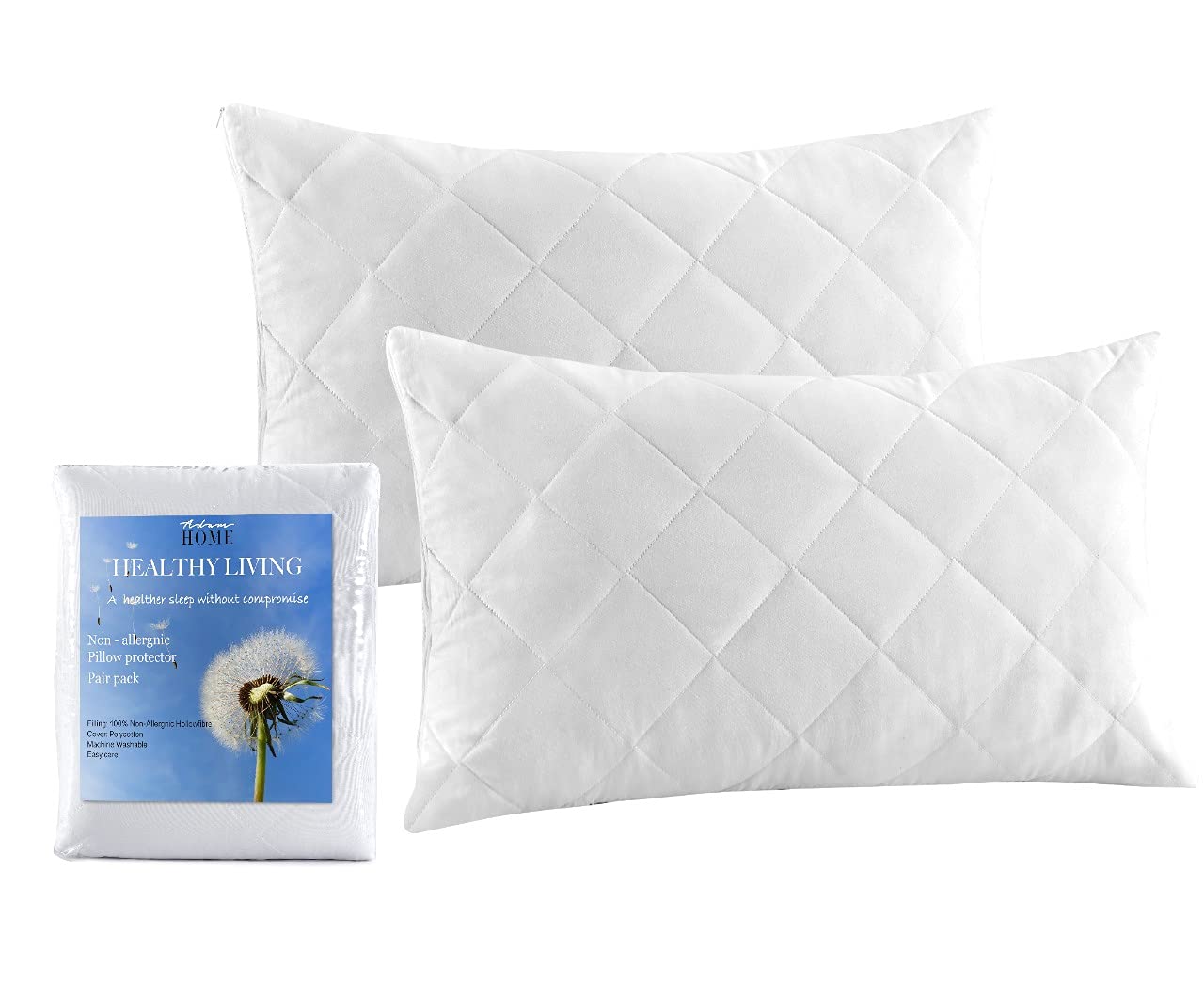 Adam Home Quilted Pillow Protectors 2 Pack (50 x 75 CM) - Soft Poly Cotton Zippered Pillow Cases – Durable, Breathable & Comfortable