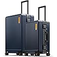 LEVEL8 20/24 Inch Zipperless 2 Piece Luggage Sets with Aluminum Frame, Lightweight Hard Shell Suitcases with Spinner Wheels, Metal Travel Luggages with Double TSA Locks, Blue