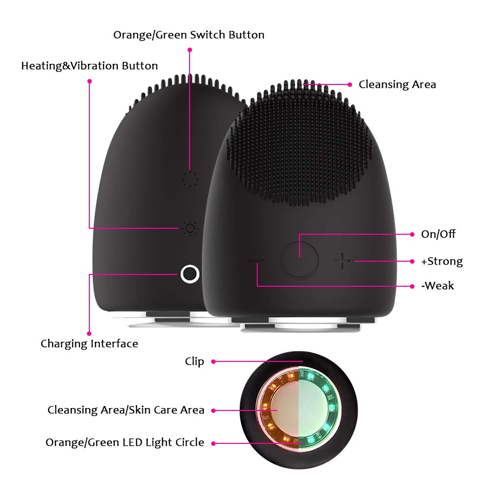 5 in 1 Facial Cleansing Brush Waterproof Rechargeable Mini Silicone Massager for Deep Face Cleansing Reducing Blackhead Acne Anti-Aging Exfoliating Phototherapy Beauty Instrument(black)