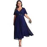 Ever-Pretty Women's V Neck Pleated Chiffon Applique Ruffles Sleeves Maxi Plus Size Formal Wedding Guest Dresses