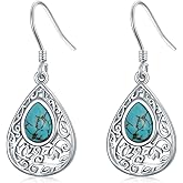 Genuine Turquoise Filigree Earrings 925 Sterling Silver 6 * 8mm Teardrop Shaped Turquoise Drop Earrings Jewelry Gift for Women