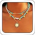 Sixexey Boho Layered Sun Necklaces Gold Neck Chain Turquoise Necklaces Chains Pearl Pendant Necklace Jewelry Summer Beach Necklace Accessories for Women