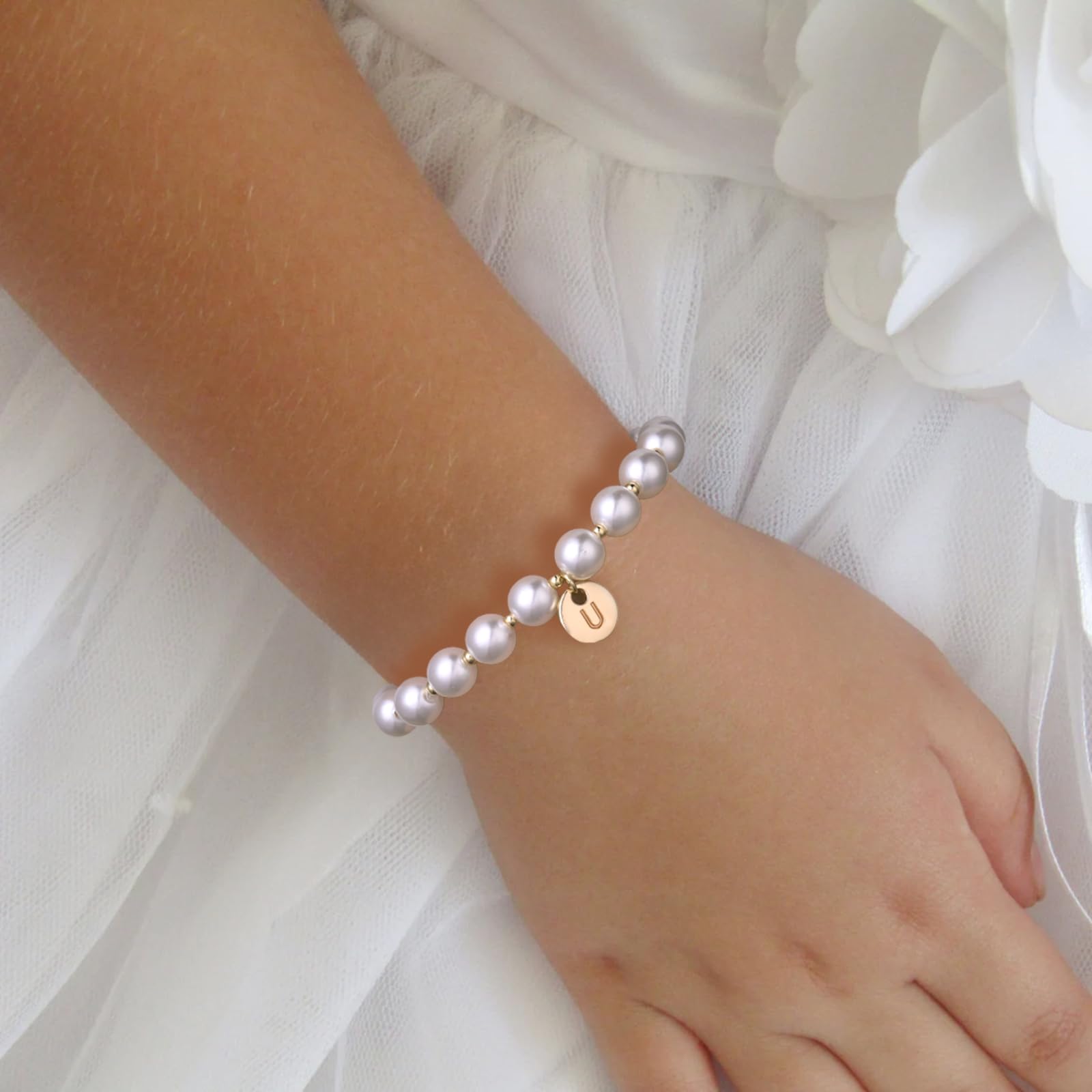 Miss Pink Initial Pearl Bracelet Flower Girl Bracelet Proposal Gifts for Girls, Dainty Gold Pearl Bracelets with Letter A-Z Personalized Name Jewelry Birthday Christmas Wedding Party Gift for Her