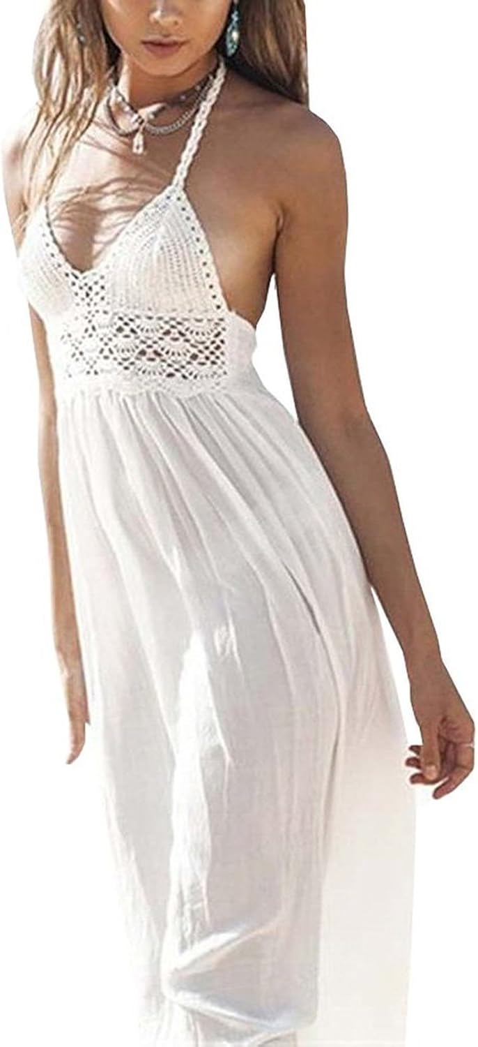 LILBETTER Women's Beach Crochet Backless Bohemian Halter Maxi Long Dress at  Women’s Clothing store