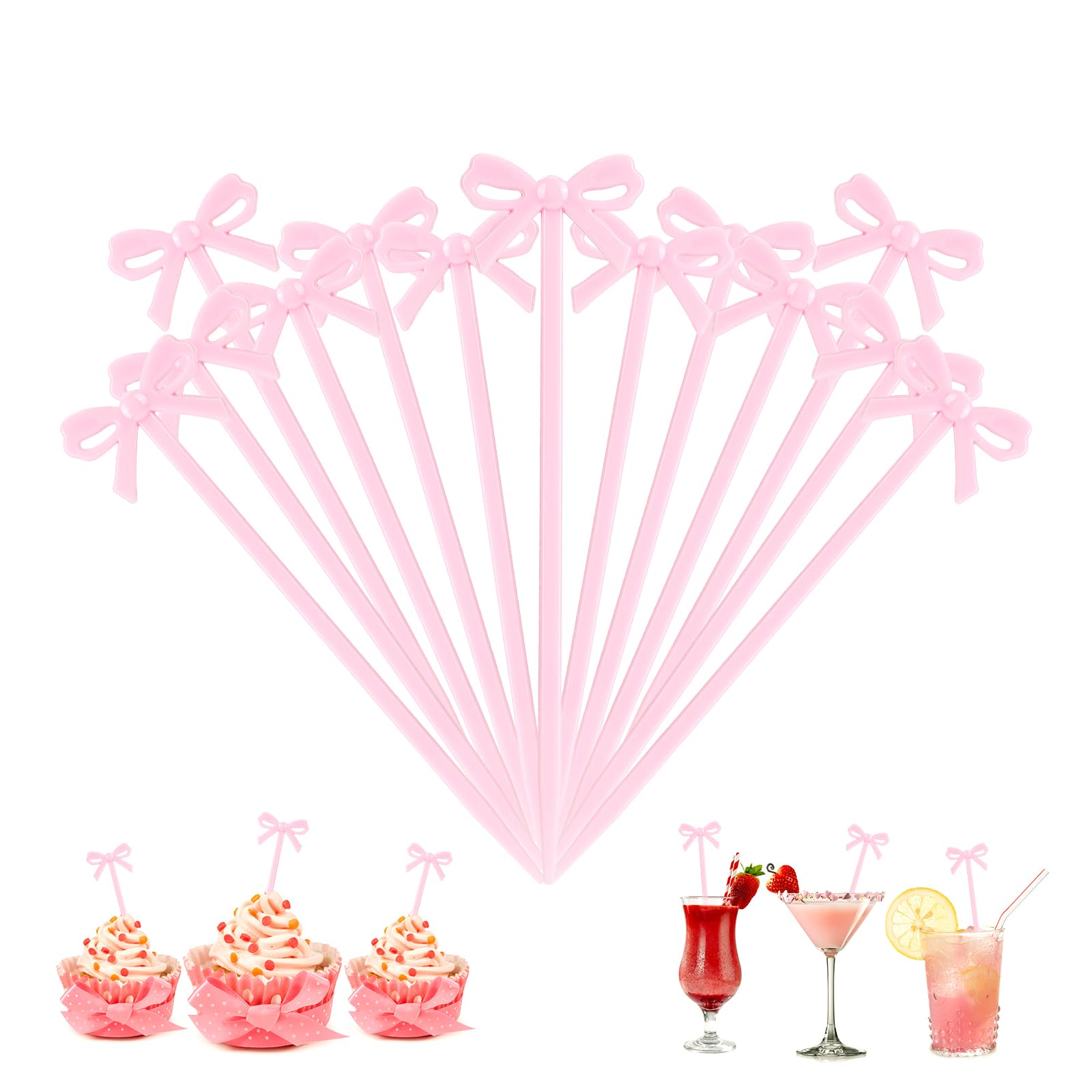 Photo 1 of 100Pcs Pink Toothpicks Plastic Bow Cocktail Picks Valentines Day Long Fruit Skewers Drink Stirrers Cupcake Toppers Fancy Toothpick for Appetizers Drinks Wedding Coquette Birthday Bow Party Decoration