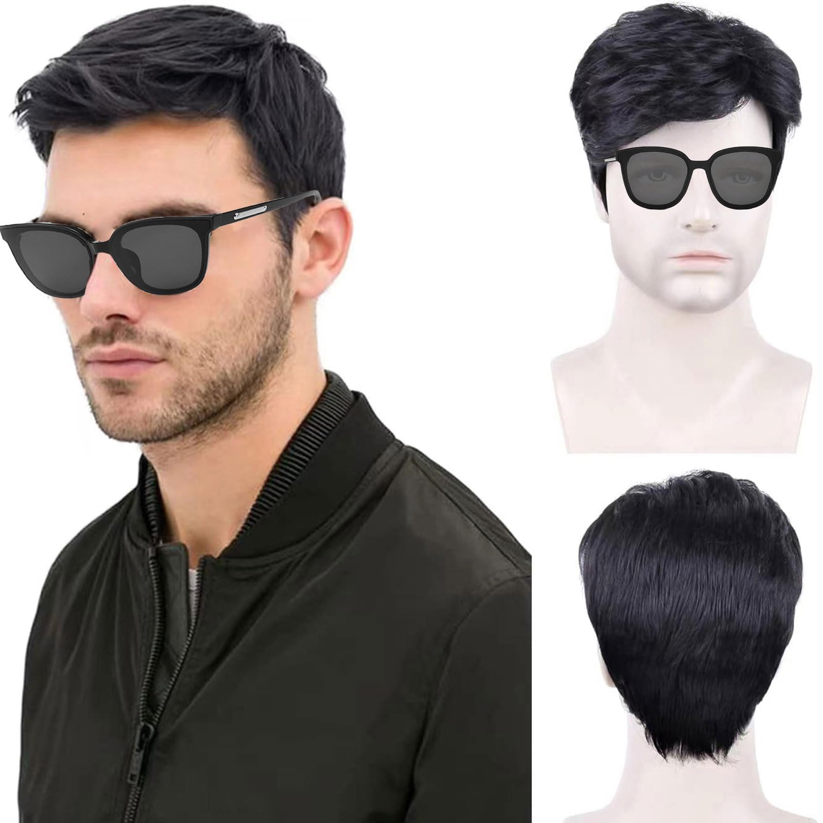 TSHAOUN Mens Short Wig Black Layered Natural Handsome Hair Wig, 70s 80s Disco Short Curly Fluffy Cosplay Wigs, Men's Daily Use Costume Fancy Dress Rocking Dude Wig Men's Costume (Black)