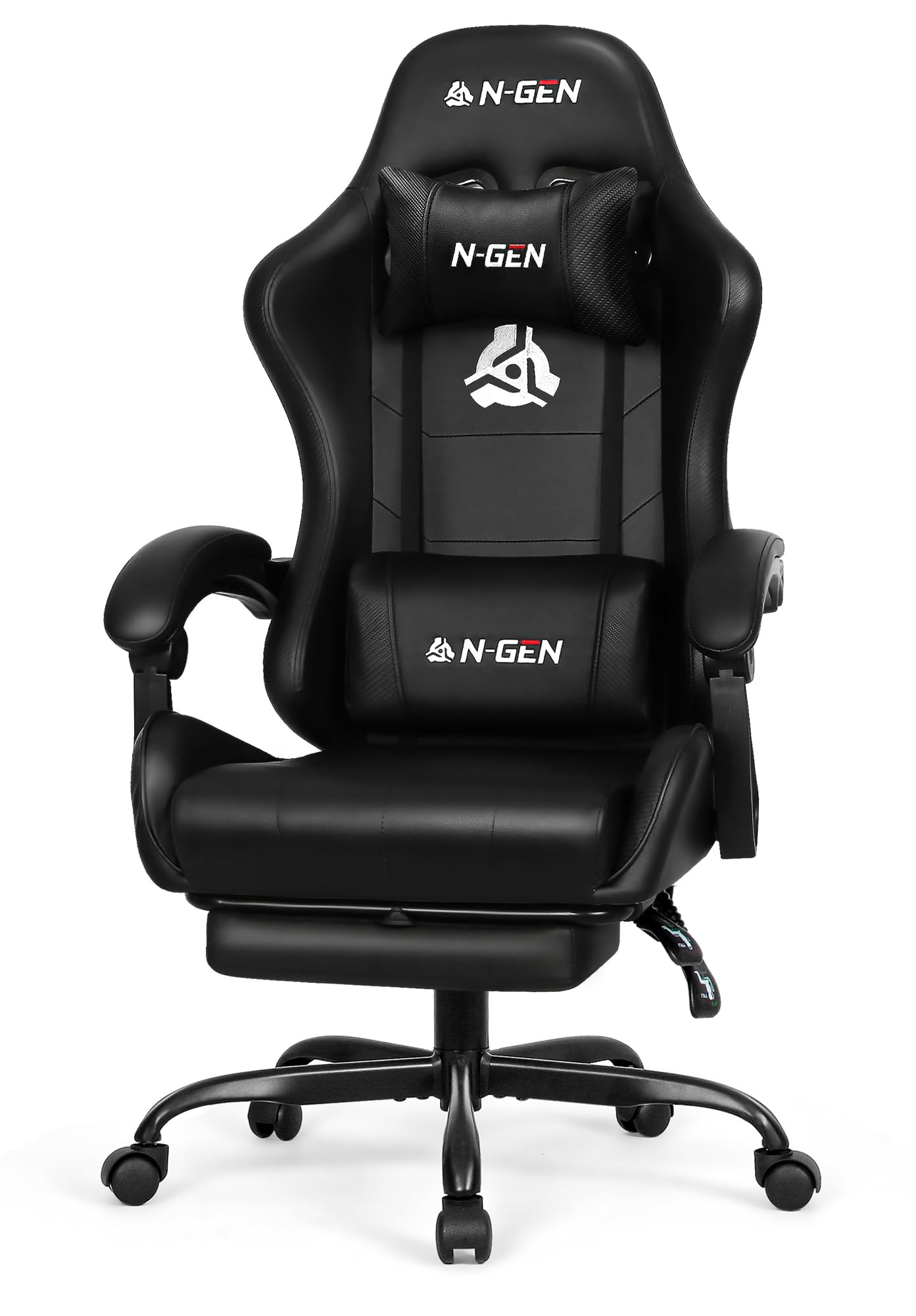 N-GEN GAMING Video Gaming Chair with Footrest High Back Ergonomic Comfortable Office Computer Desk with Lumbar Support Height Adjustable with PU Leather Recliner for Adults Women Men (Black)