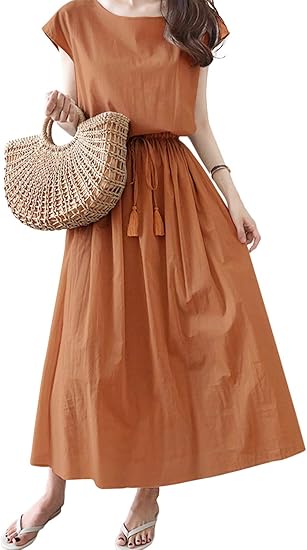 Amazon ソングオブソング ワンピース 8色 進化 レディース ロング ワンピース 知的 エレガント おしゃれ 綿麻混 ゆったり 体型カバー ウエストゴム リボン 大人可愛い 裏地付き 通勤 お出掛け 夏 ワンピース チュニック 通販