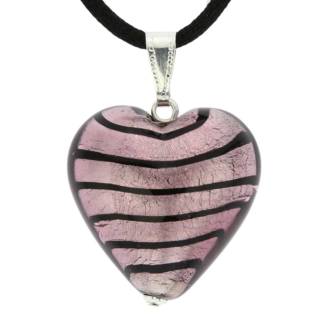 Glass Of Venice Murano Glass Heart Pendant - Striped Silver Purple