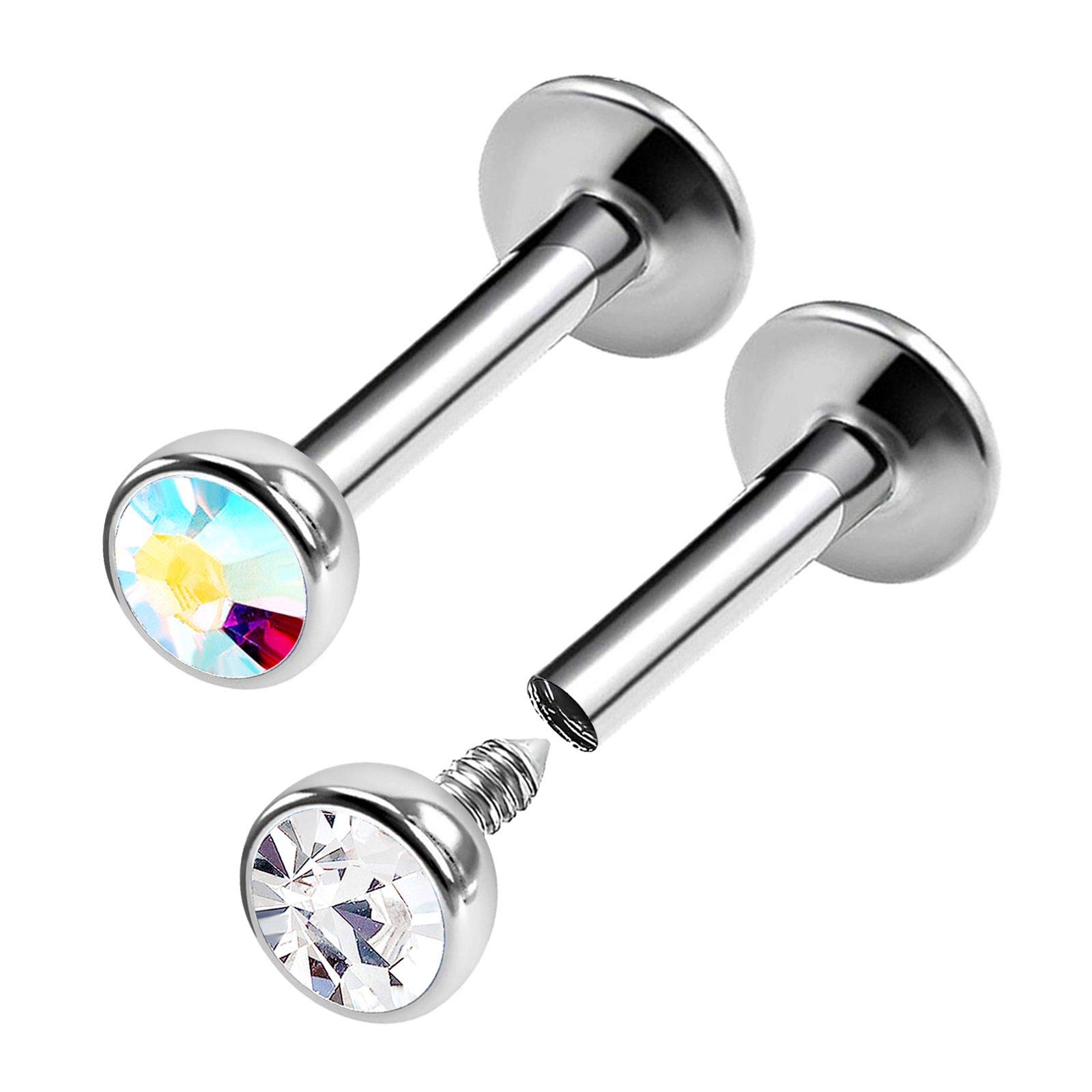 2PCS Steel Internally Threaded Labret Stud 16g 1/4 6mm 3mm Aurora Borealis Crystal Lip Earring Monroe Piercing Jewellery 0420