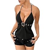 SOLY HUX Women's Gothic Y2k Halter Top Deep V Neck Buckle Open Back Camisole Going Out Outfit