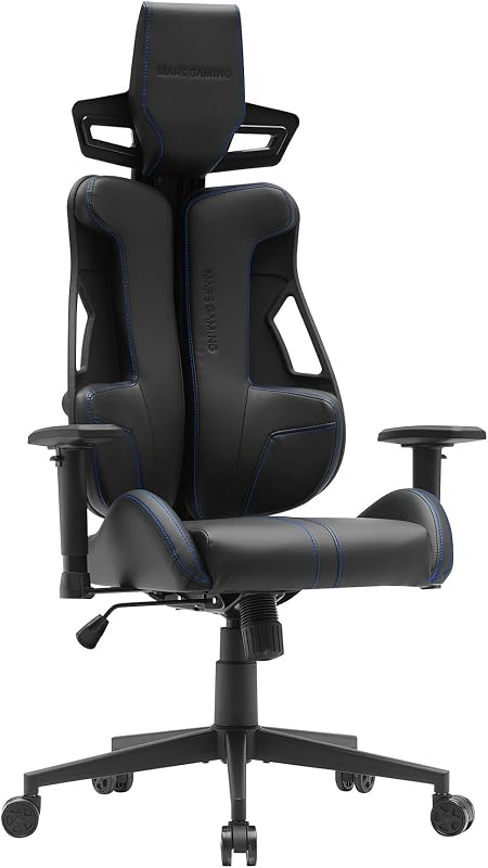 Mars Gaming MGC-ELITE, Cadeira Gamer Ergonómica, Encosto Flexível Adaptativo, Apoios de Braços Ajustáveis 2D, Assento Reclinável, Acabamento em Pele PU, Cadeira de Escritório com Jantes XL, Pistão a Gás Classe 4, Azul