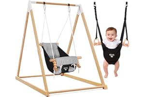DOERPUZ 2-in-1 Baby Jumper & Swing, Montessori Wooden Toddler Swing Set with Stand for Indoor/Outdoor, Baby Bouncer Jumper & Hammock Swing with 5-Point Harness, Suitable for Children Ages Up to 3 Yrs