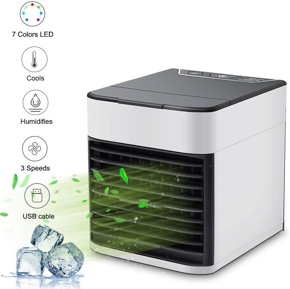 Portable Air Conditioner, Mini Personal Air Cooler, Humidifier and Purifier Desktop Cooling Fan with 7 Colors LED Night Light, 3 Speeds Evaporative Cooler for Home, Office, Dorms, Travel